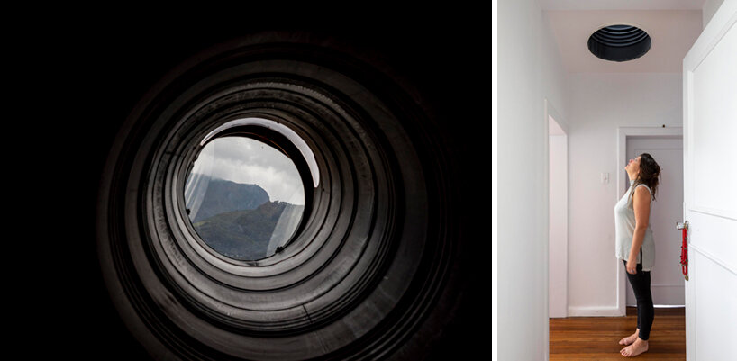 a rooftop observatory by studio 'la cabina de la curiosidad' links to the mountains of quito