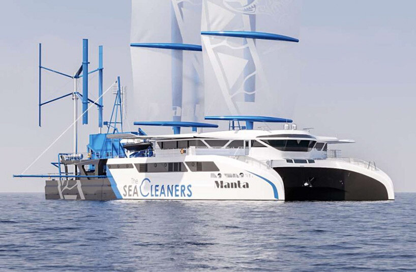 'manta' by seacleaners is a giant sailboat on the attack of oceanic plastic pollution