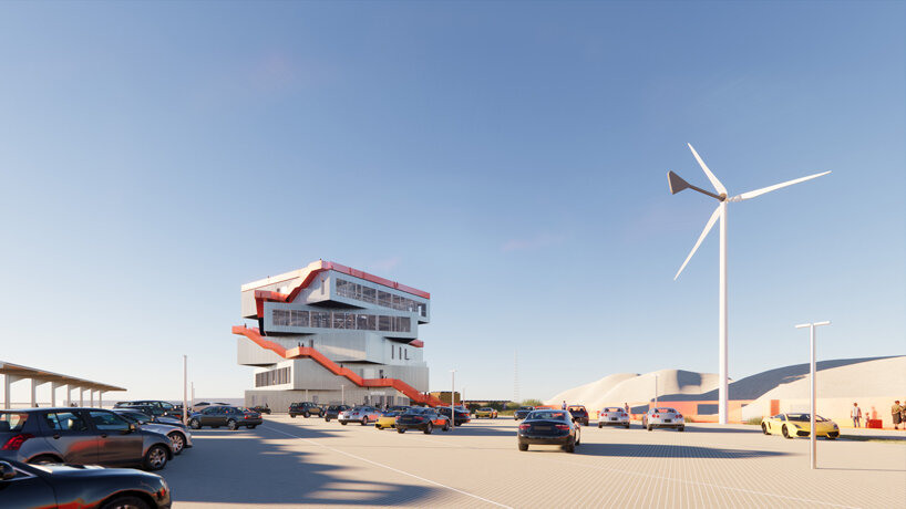 external staircases wrap MVRDV's stacked harbour experience centre at rotterdam port