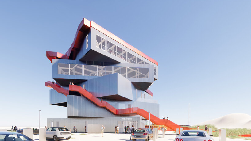 external staircases wrap MVRDV's stacked harbour experience centre at rotterdam port