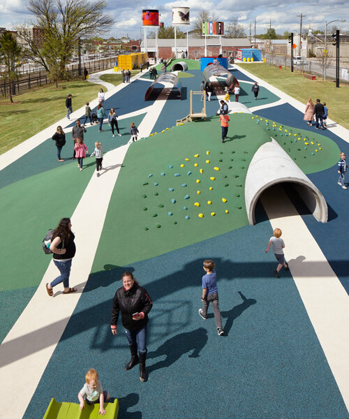 ross barney architects unveils a vibrant 'railyard park' along railroad in rogers, arkansas