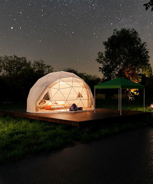 seven dome-like glamping tents emerge from the japanese woodland