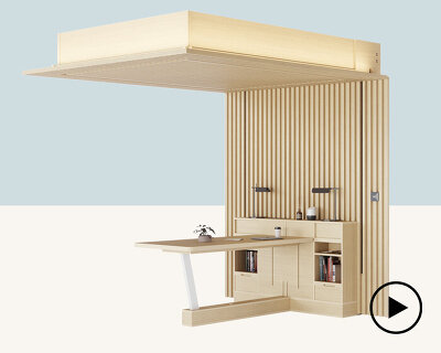 the ori cloud bed transforms into a home office at the touch of a button