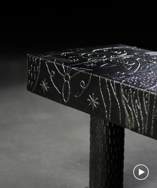 andré teoman welds onto metal to create tattoo-inspired furniture pieces