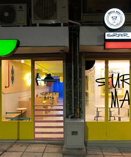 graffiti fonts + neon signs characterize studiomateriality's 'surfer maya' restaurant in greece