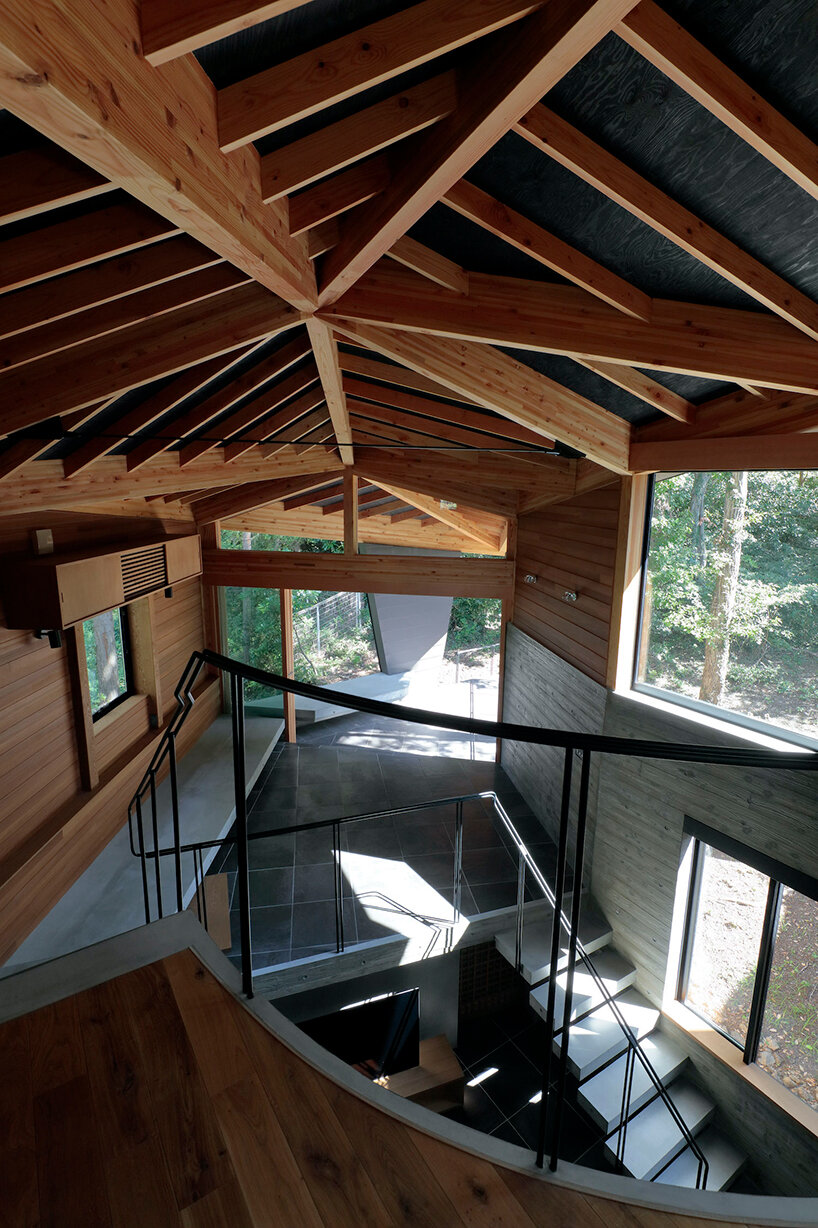 irregular-angled 'phase dance' residence by takeshi hirobe wraps around a large tree in japan