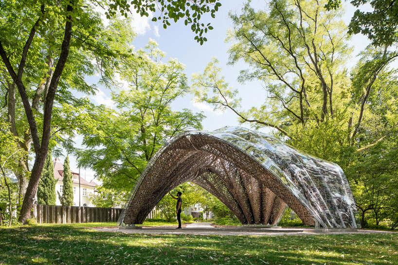 robotically wound flax fiber builds the 'livMatS pavilion' in freiburg designboom