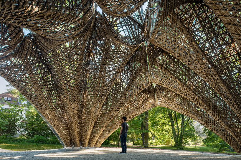robotically wound flax fiber builds the 'livMatS pavilion' in freiburg designboom