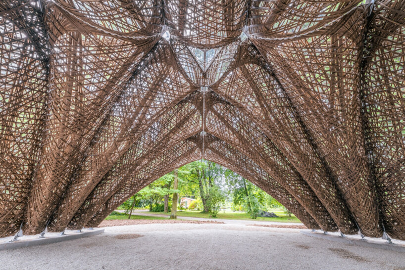 robotically wound flax fiber builds the 'livMatS pavilion' in freiburg designboom