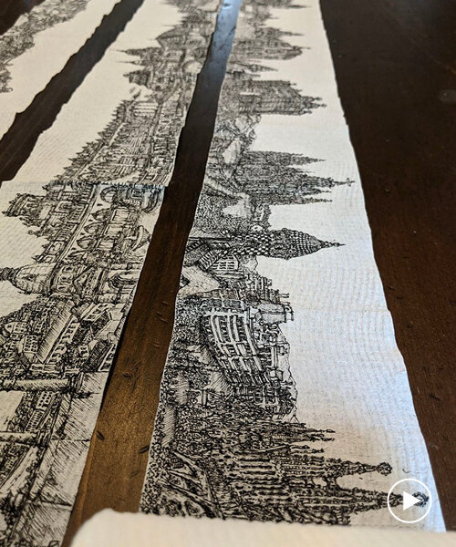 artist draws intricate european cityscapes on 11 meters of toilet paper