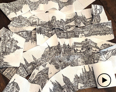 artist draws intricate european cityscapes on 11 meters of toilet paper