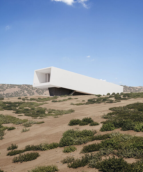 slightly rotated monolithic 'house 6°' floats amid the greek arid landscape