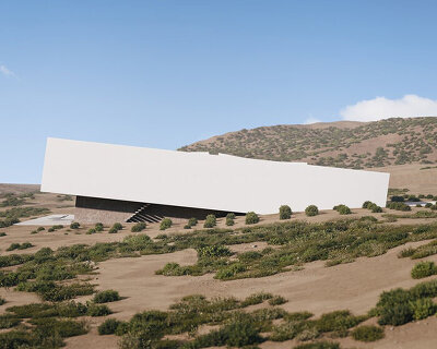 slightly rotated monolithic 'house 6°' floats amid the greek arid landscape