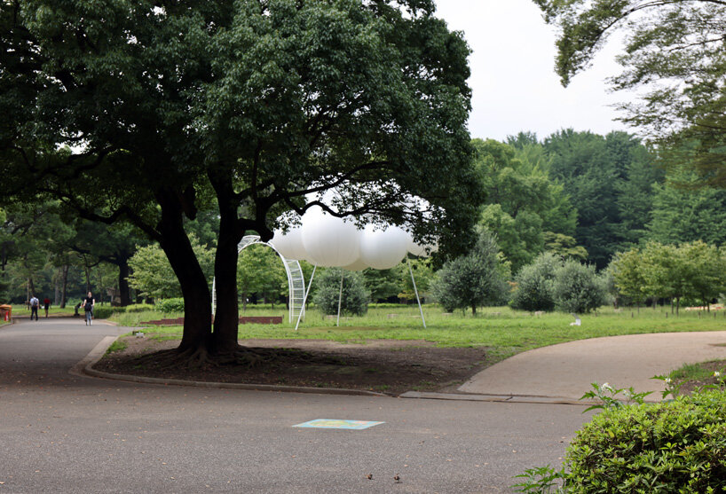 sou fujimoto installs temporary pavilion of fluffy, floating clouds in tokyo