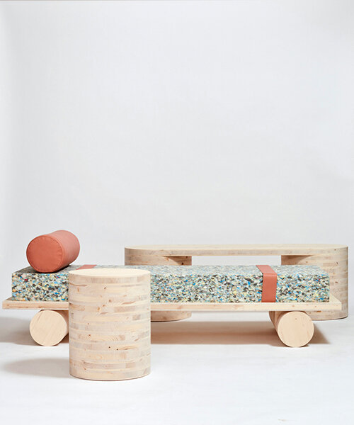stacked layers of CLT wood + chip foam form this furniture collection