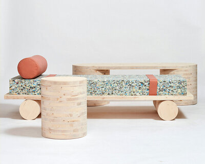 stacked layers of CLT wood + chip foam form this furniture collection