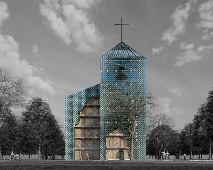 translucent shell embraces old ruins to form temple proposal in hungary