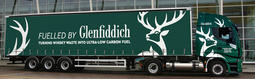 glenfiddich distillery launches trucks fueled by whisky waste designboom