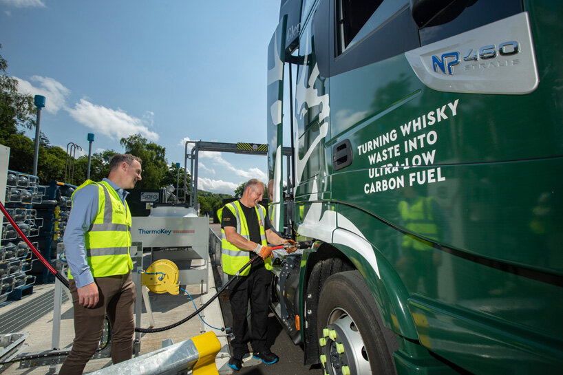 glenfiddich distillery launches trucks fueled by whisky waste designboom