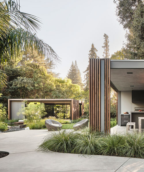 feldman architecture's atherton pavilions float lightly above lush california gardens