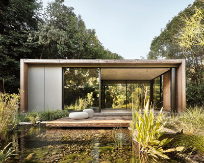 feldman architecture's atherton pavilions float lightly above lush california gardens