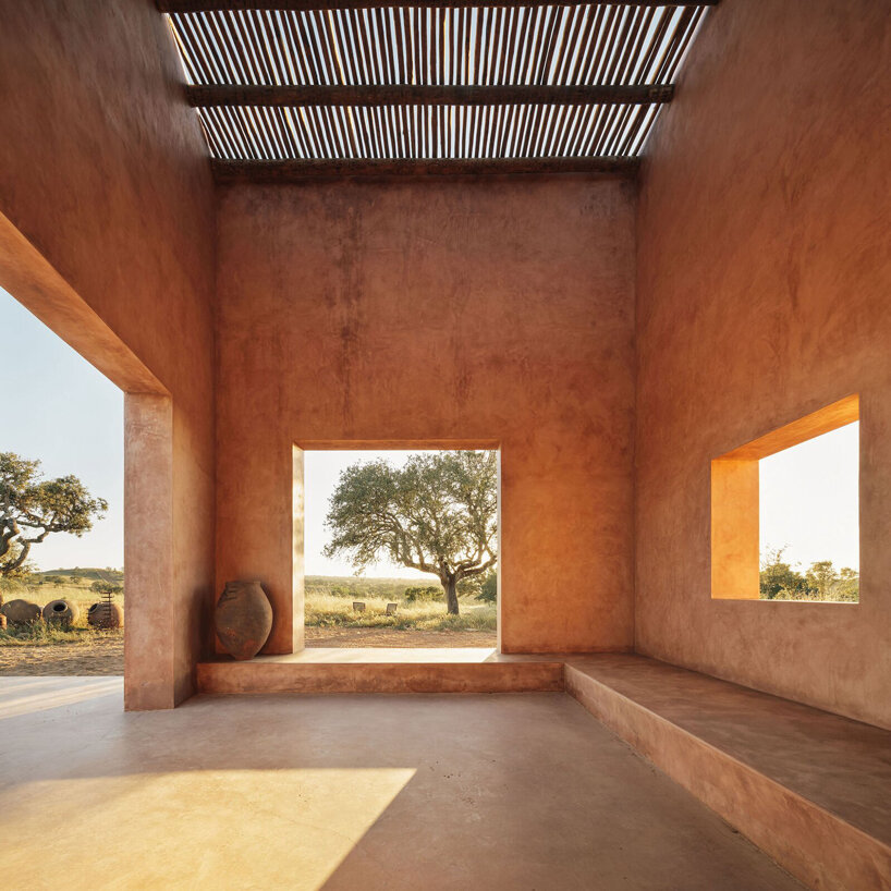 pigmented lime mortar + cork clad this vacation home beside long swimming pool in portugal