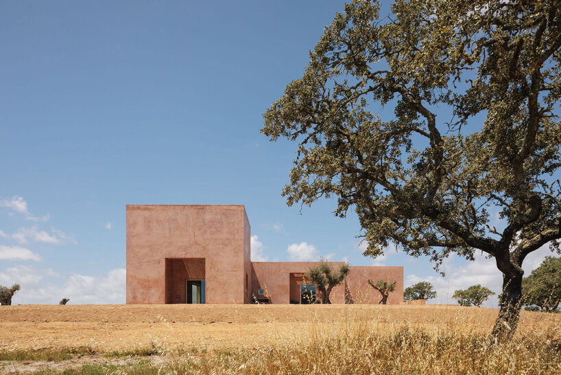 pigmented lime mortar + cork clad this vacation home beside long swimming pool in portugal