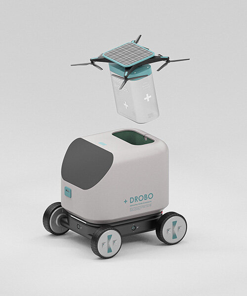 drobo is a medical product delivery robot with a solar-powered drone