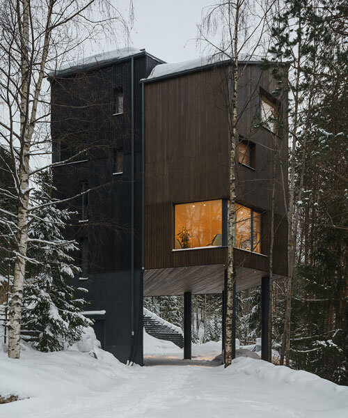 monolithic 'forest view' house appears to float among the woods of russia