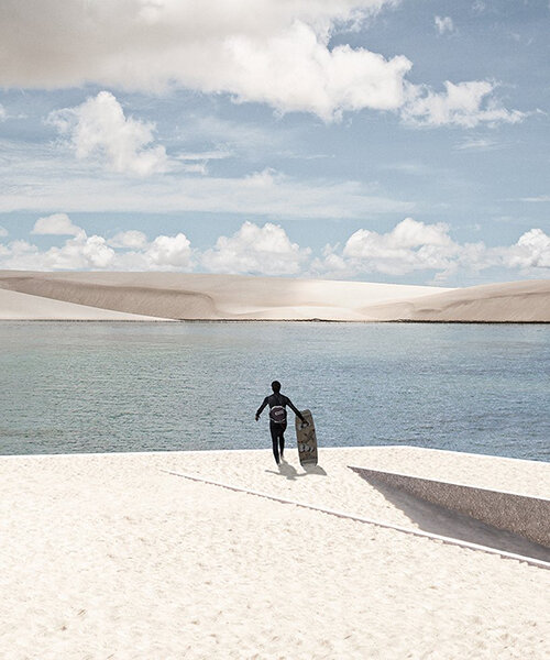 minimal housing space for kite-surfers is embedded into the water and sand in brazil