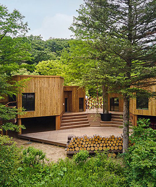 honeycomb modules nestled among the nature of korea form children’s forest school