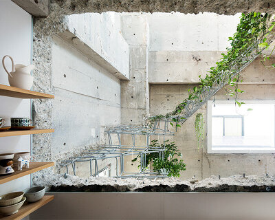 planted staircase penetrates exposed concrete construction in tokyo by mamm design