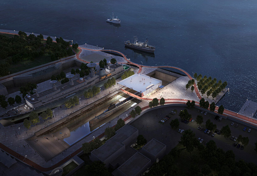 the 'submarine museum' by PES-architects emerges as a mirror-clad bridge over the huangpu river in shanghai