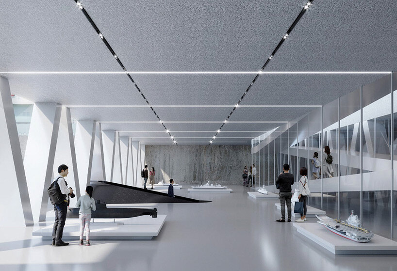 the 'submarine museum' emerges as a mirror-clad bridge over the huangpu river in shanghai