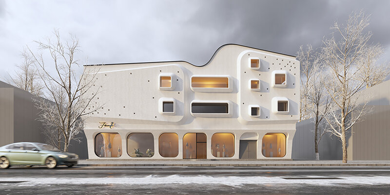 curved angles, extruded window frames + square dots characterize futuristic building in iran