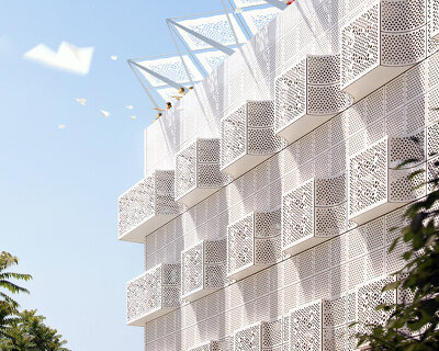 studio saar wraps its 'third space' in an intricate screen of water-jet cut white marble