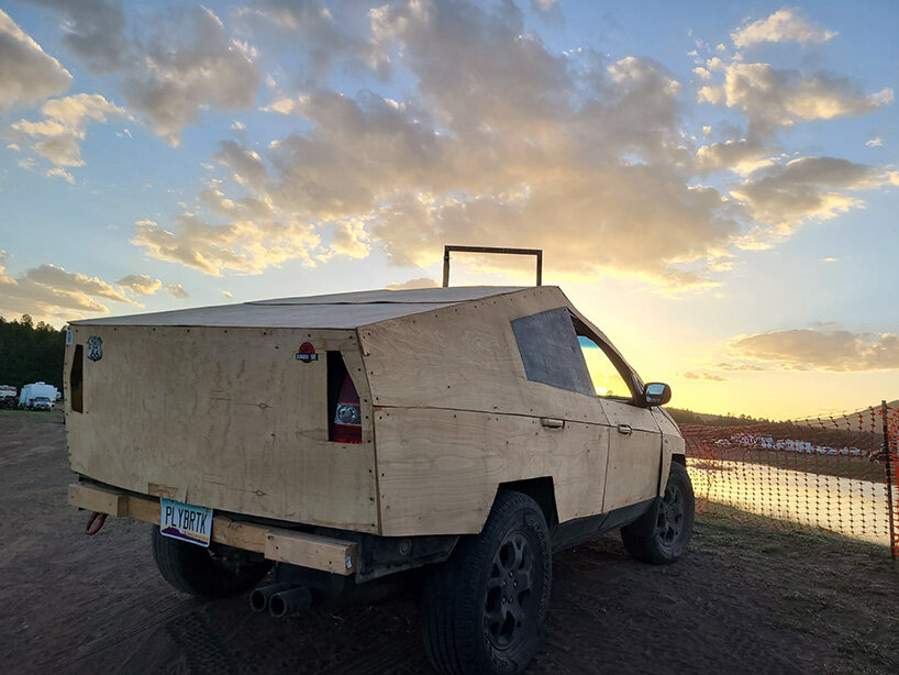 the plybertruck is a tesla cybertruck replica made with wooden panels