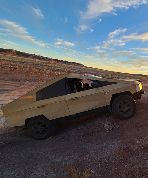 the plybertruck is a tesla cybertruck replica made with wooden panels