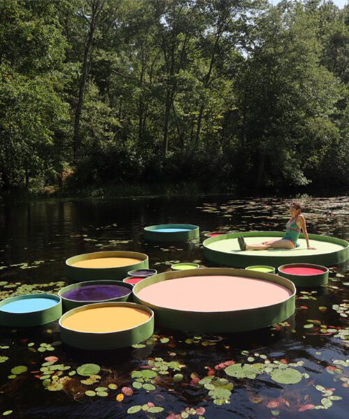 you can sit on these giant colorful lily pads in a pond in connecticut, USA
