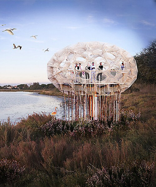 'eco-nests' observation cabins made from recycled ropes mimic bird-building techniques