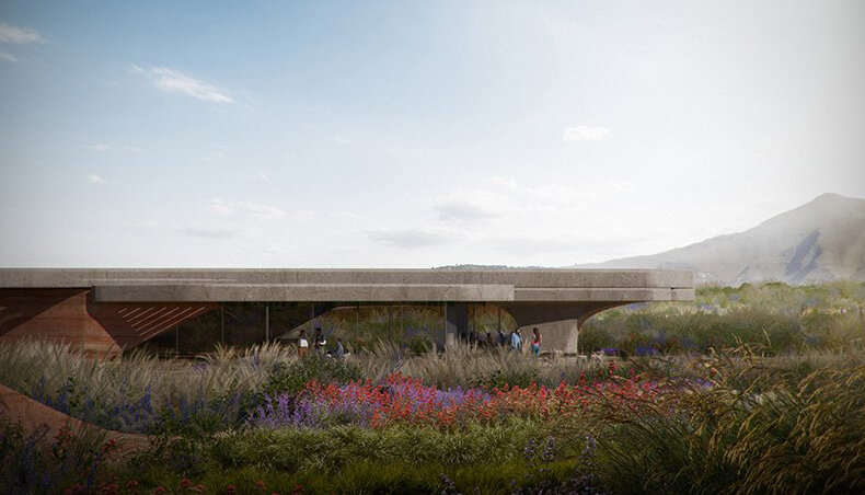 OF. studio designs 'eco-wine lodges' as a series of scattered rammed earth volumes