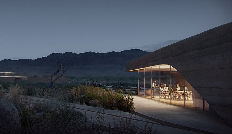 OF. studio designs 'eco-wine lodges' as a series of scattered rammed earth volumes