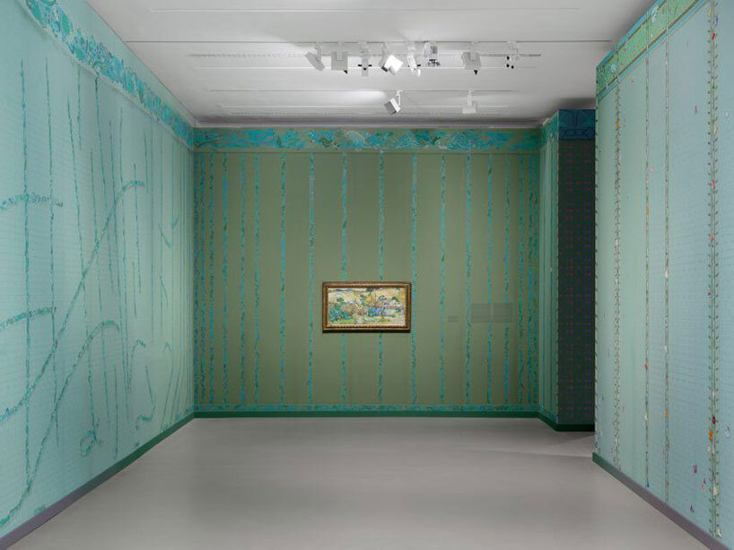 hand-painted wallpaper by laura owens wraps vincent van gogh exhibition in france