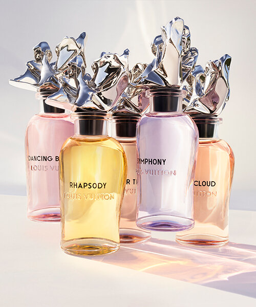 louis vuitton les-extraits: frank gehry starts from the marc newson designed perfume bottle and adds a twist to it