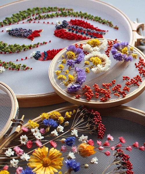 dried flower arrangements blossom from olga prinku's delicate tulle embroidery works