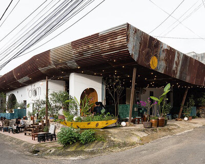 vivid coffee shop in vietnam incorporates different materials and shapes