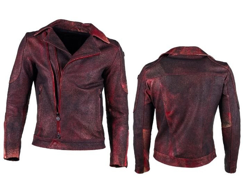 this biker leather jacket is made from the crumbling of racing tires