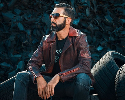 this biker leather jacket is made from the crumbling of racing tires