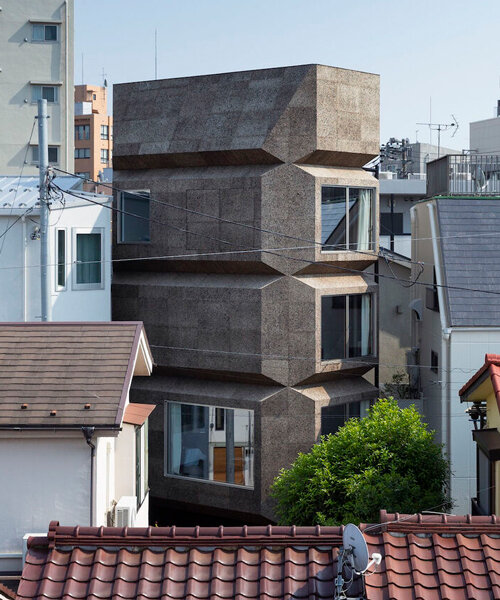 takaaki fuji + yuko fuji builds its 'bay window tower house' with folding cork facade