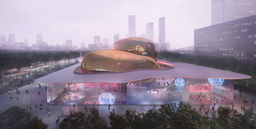 ennead architects' performing arts center to occupy two golden volumes in shenzhen